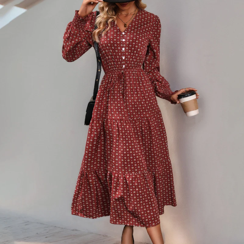 Damen Midikleid im Boho-Stil mit V-Ausschnitt, durchgehender Knopfleiste, Kordel-Taille und mehrstufigem Volantrock Nord Taschen