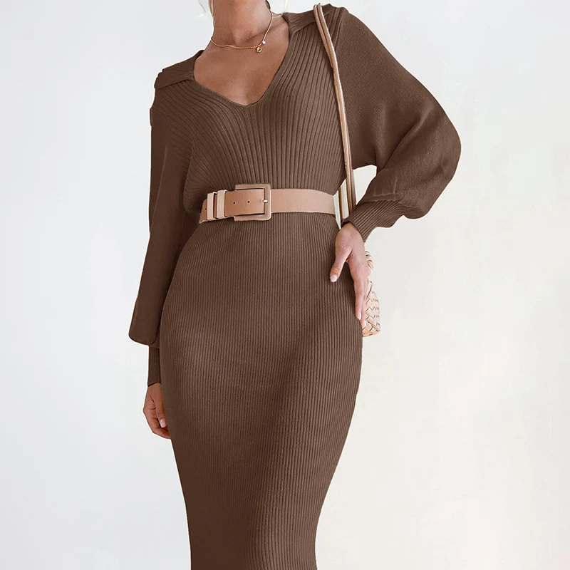 Damen Midikleid aus Rippstrick mit V‑Ausschnitt, Hemdkragen, Balloonärmeln & Bindegürtel Nord Taschen