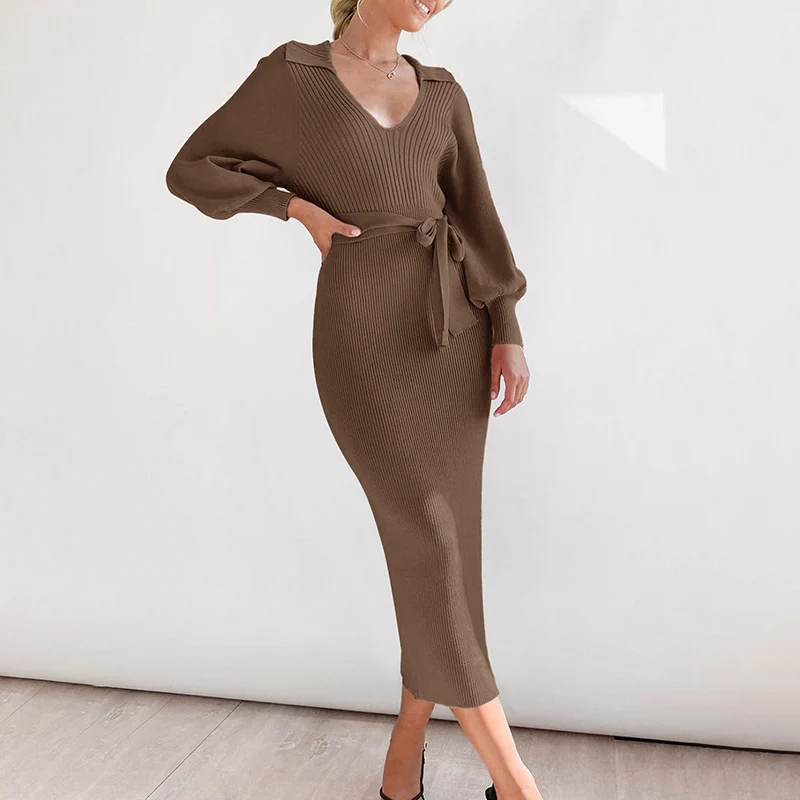 Damen Midikleid aus Rippstrick mit V‑Ausschnitt, Hemdkragen, Balloonärmeln & Bindegürtel Nord Taschen