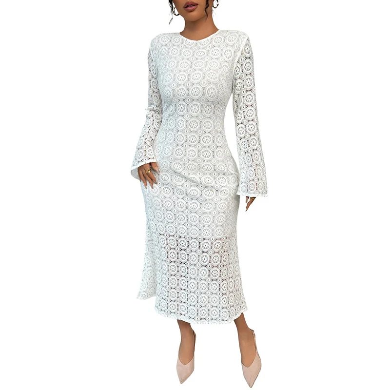 Damen Midikleid aus Häkelspitze mit taillierter Silhouette, Trompetenärmeln und ausgestelltem Saum Nord Taschen