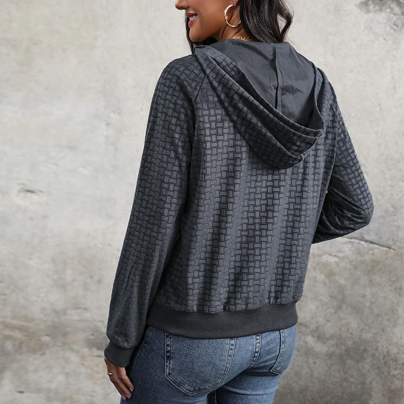 Damen Texturierter Kapuzenpullover mit Knopfleiste und Strukturmuster Nord Taschen