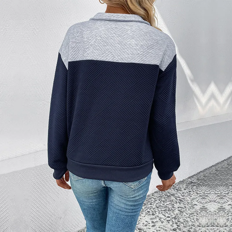 Damen Texturierter Colorblock-Sweatshirtpullover mit Hemdkragen, Knopfdetail und Strukturstrick Nord Taschen