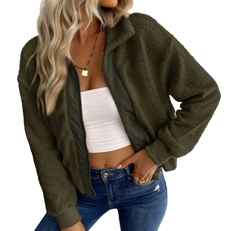Damen Teddy-Fleece Bomberjacke mit Stehkragen, durchgehendem Reißverschluss und Rippbündchen Nord Taschen