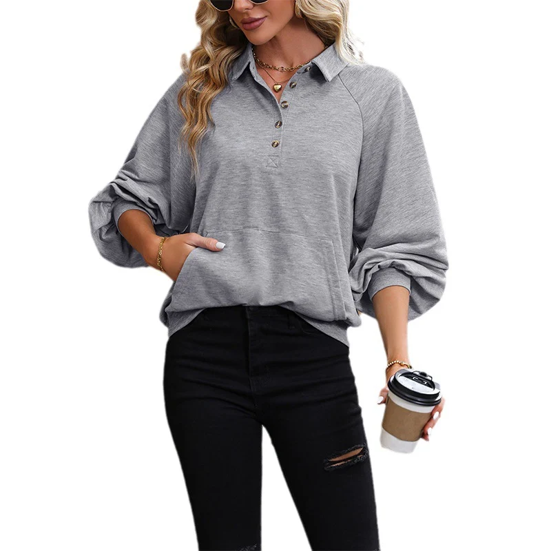 Damen Polokragen-Sweatshirt mit Knopfleiste, Raglanärmeln und Kängurutasche Nord Taschen