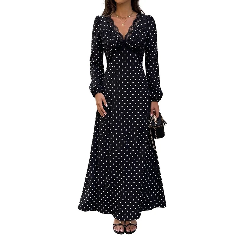 Damen Polka‑Dot Maxikleid mit Spitzen‑V-Ausschnitt, Empire‑Taillenlinie und langem Fließrock Nord Taschen