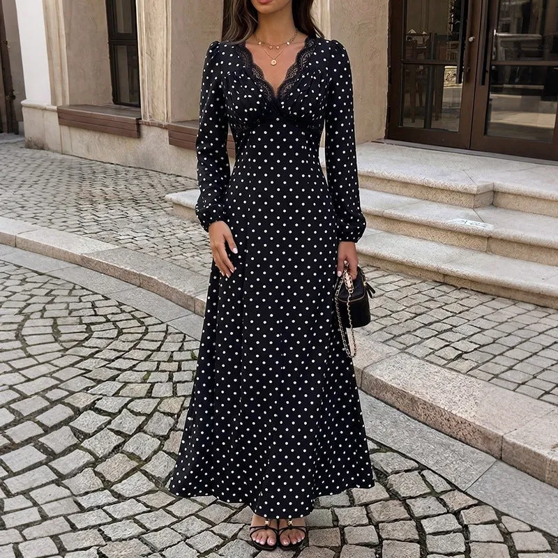 Damen Polka‑Dot Maxikleid mit Spitzen‑V-Ausschnitt, Empire‑Taillenlinie und langem Fließrock Nord Taschen