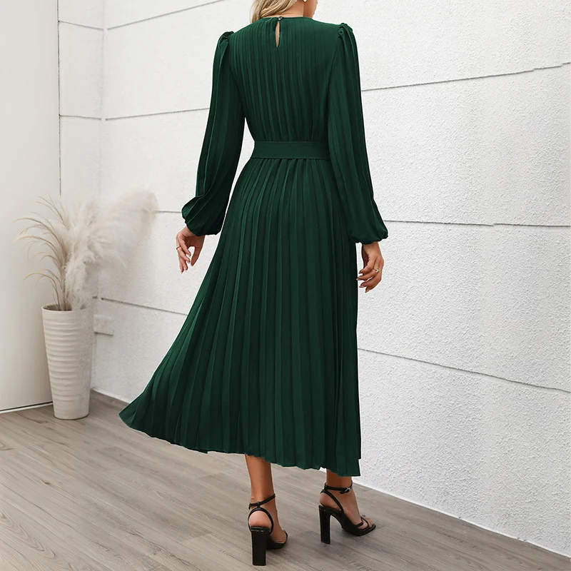 Damen Plissiertes Midikleid mit Taillengürtel, langen Puffärmeln und seitlichem Schlitz Nord Taschen