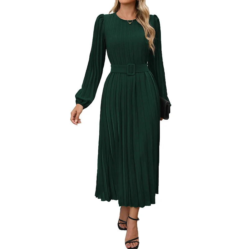 Damen Plissiertes Midikleid mit Taillengürtel, langen Puffärmeln und seitlichem Schlitz Nord Taschen