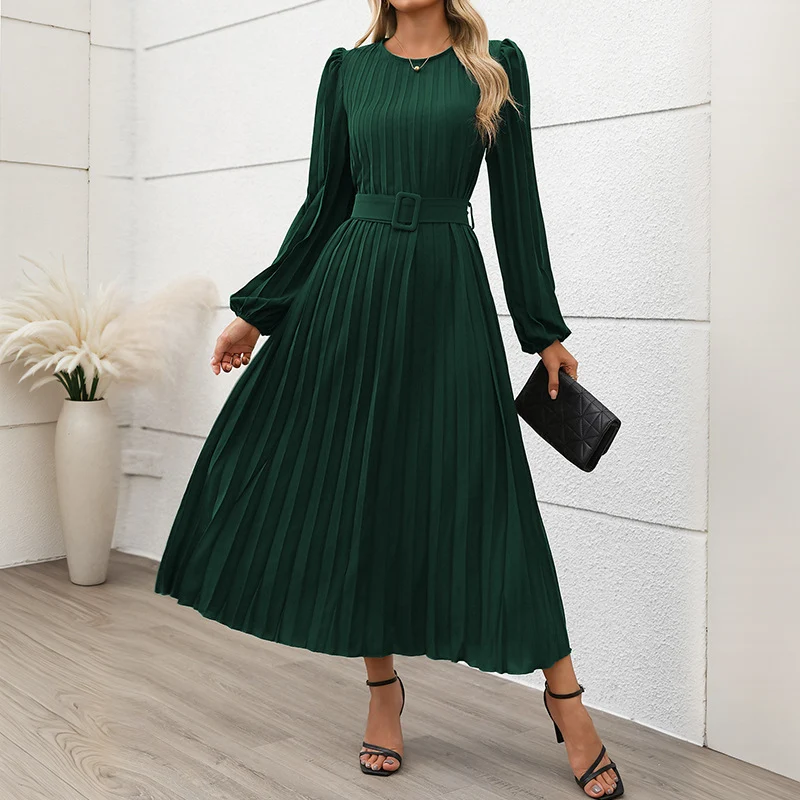 Damen Plissiertes Midikleid mit Taillengürtel, langen Puffärmeln und seitlichem Schlitz Nord Taschen