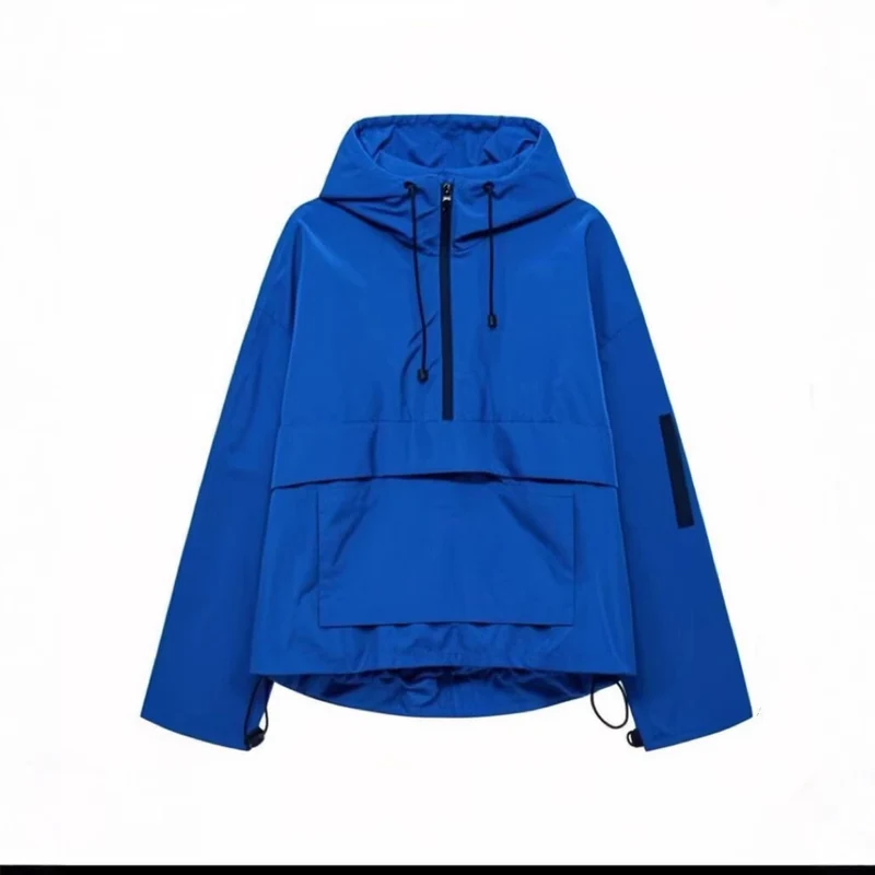 Damen Oversize Windbreaker-Anorak mit Kapuze, Halb-Reißverschluss und Kängurutasche Nord Taschen