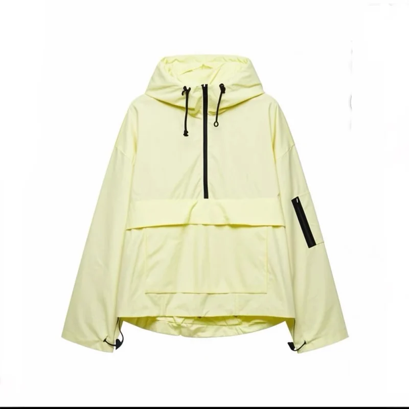 Damen Oversize Windbreaker-Anorak mit Kapuze, Halb-Reißverschluss und Kängurutasche Nord Taschen