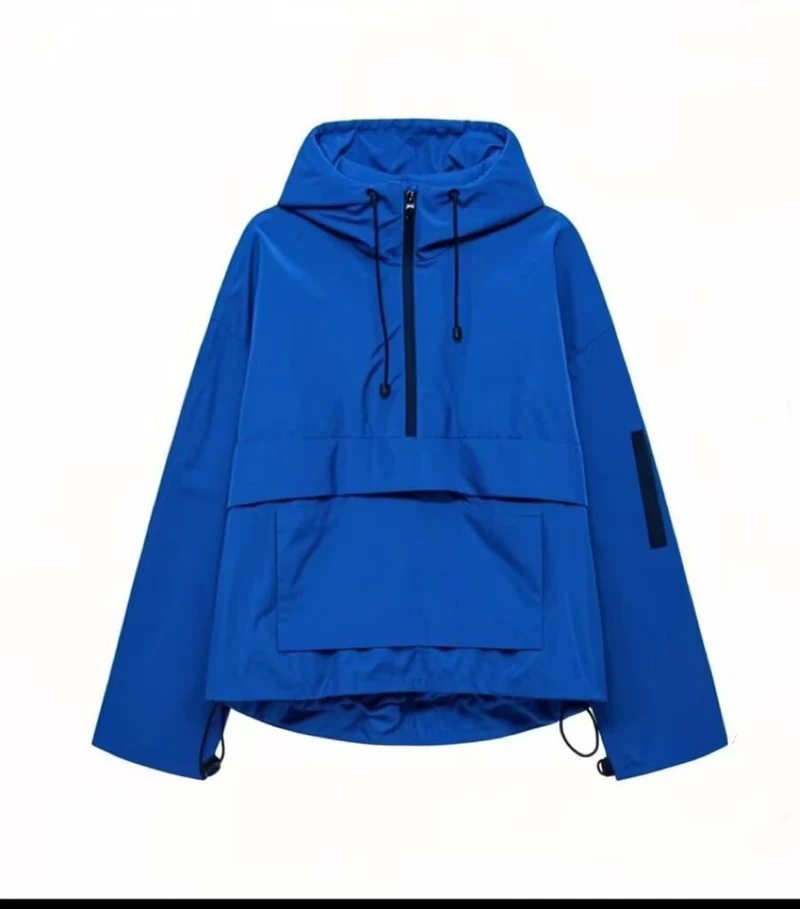 Damen Oversize Windbreaker-Anorak mit Kapuze, Halb-Reißverschluss und Kängurutasche Nord Taschen