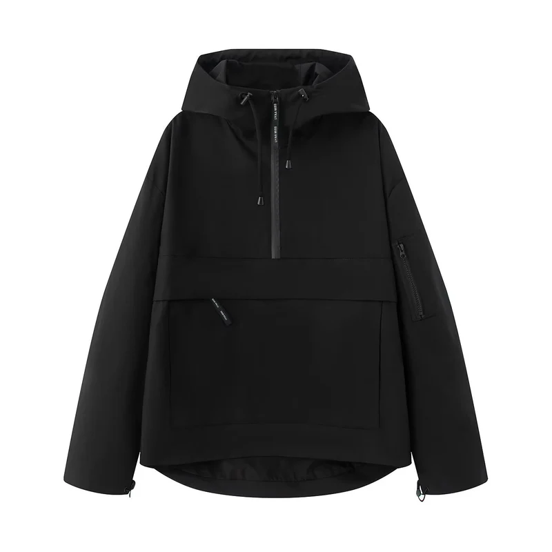 Damen Oversize Windbreaker-Anorak mit Kapuze, Halb-Reißverschluss und Kängurutasche Nord Taschen