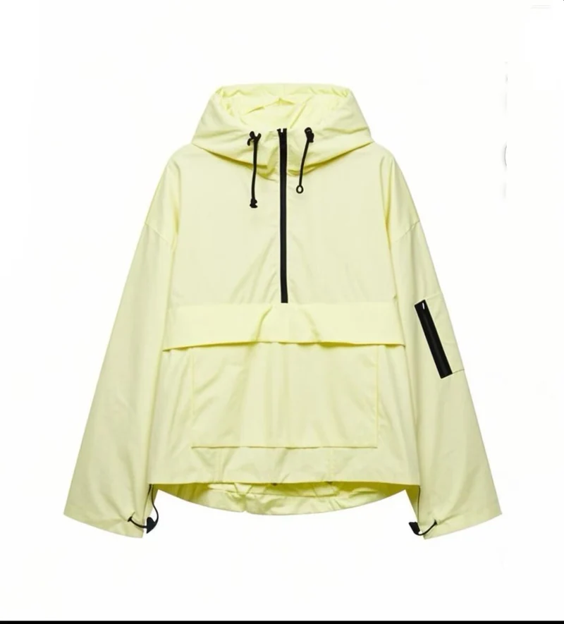 Damen Oversize Windbreaker-Anorak mit Kapuze, Halb-Reißverschluss und Kängurutasche Nord Taschen