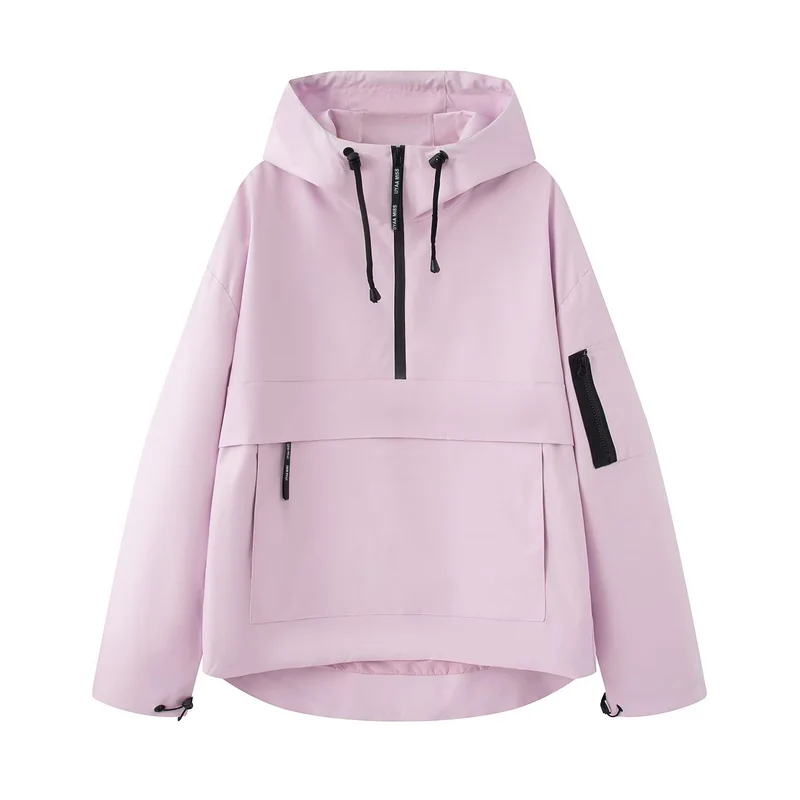 Damen Oversize Windbreaker-Anorak mit Kapuze, Halb-Reißverschluss und Kängurutasche Nord Taschen