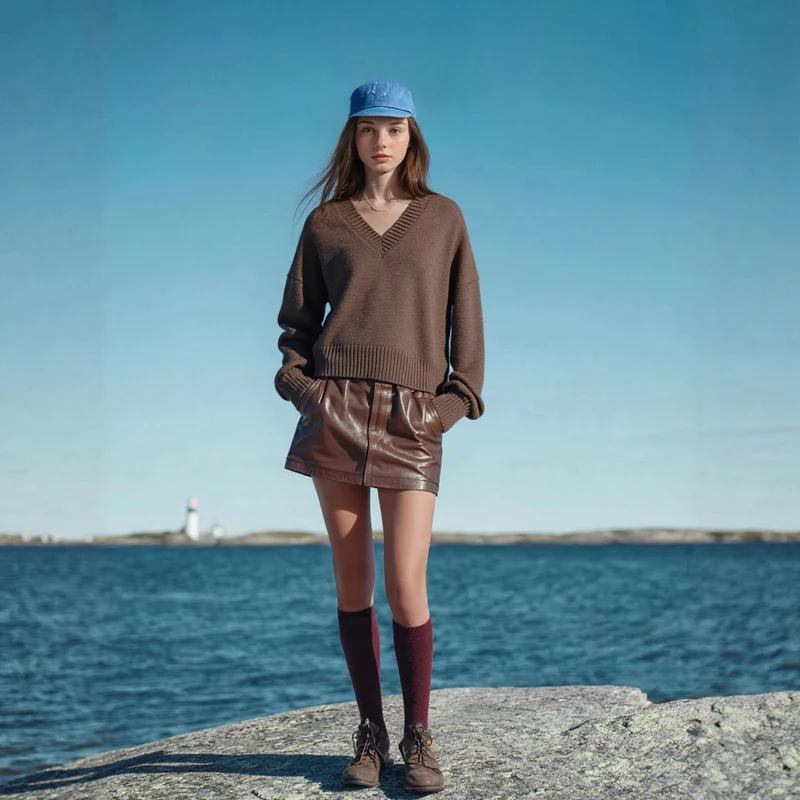 Damen Oversize V‑Ausschnitt Strickpullover mit Känguru-Tasche Nord Taschen