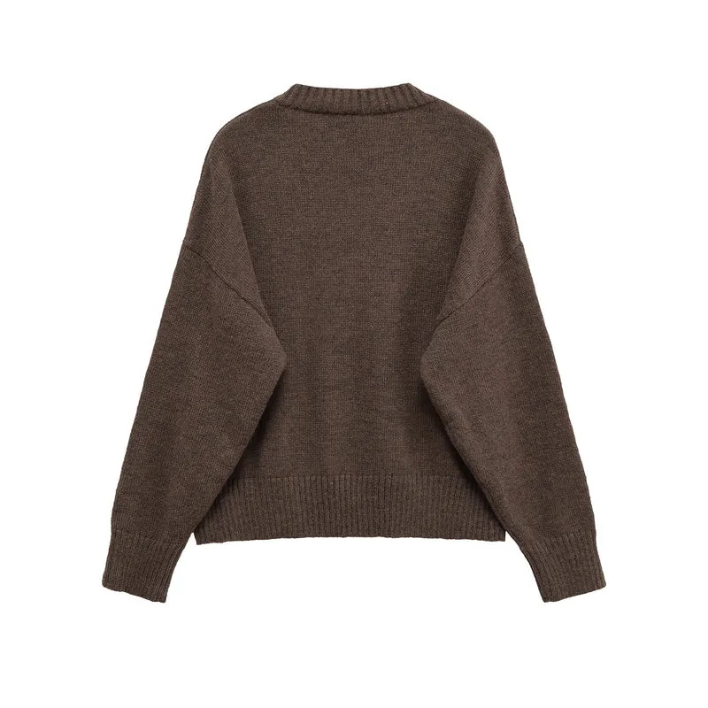 Damen Oversize V‑Ausschnitt Strickpullover mit Känguru-Tasche Nord Taschen