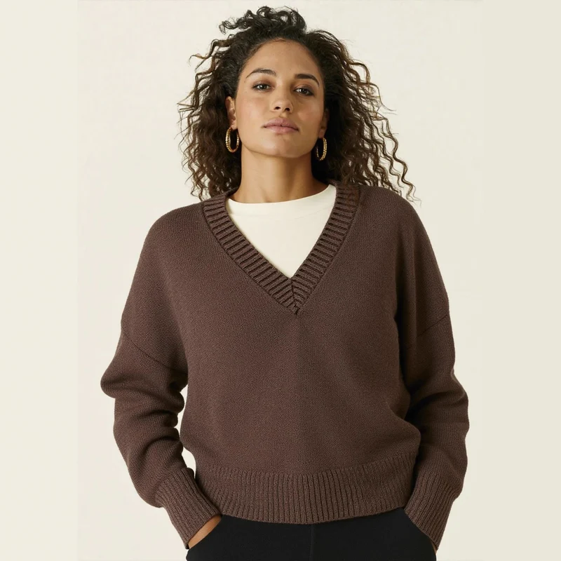 Damen Oversize V‑Ausschnitt Strickpullover mit Känguru-Tasche Nord Taschen