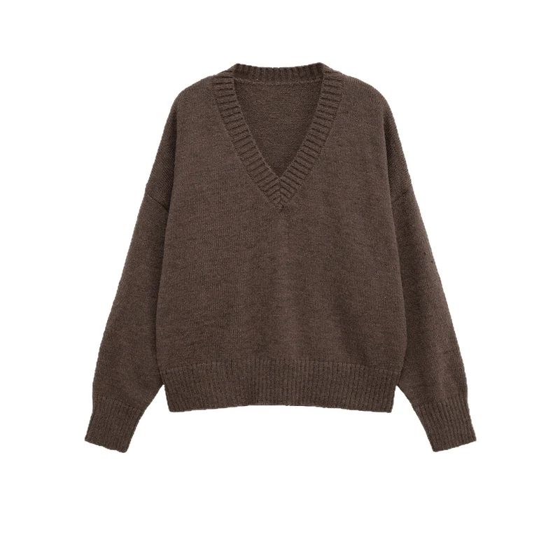 Damen Oversize V‑Ausschnitt Strickpullover mit Känguru-Tasche Nord Taschen