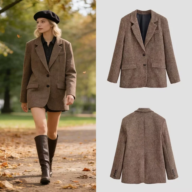 Damen Oversize-Tweedblazer mit Fischgrätmuster und Pattentaschen Nord Taschen