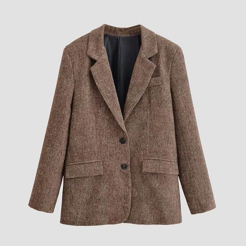 Damen Oversize-Tweedblazer mit Fischgrätmuster und Pattentaschen Nord Taschen