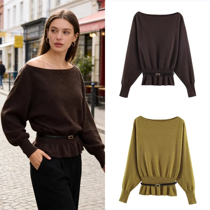 Damen Oversize-Strickpullover mit U-Boot-Ausschnitt, Fledermausärmeln, gerafftem Rippbund und Taillengürtel Nord Taschen