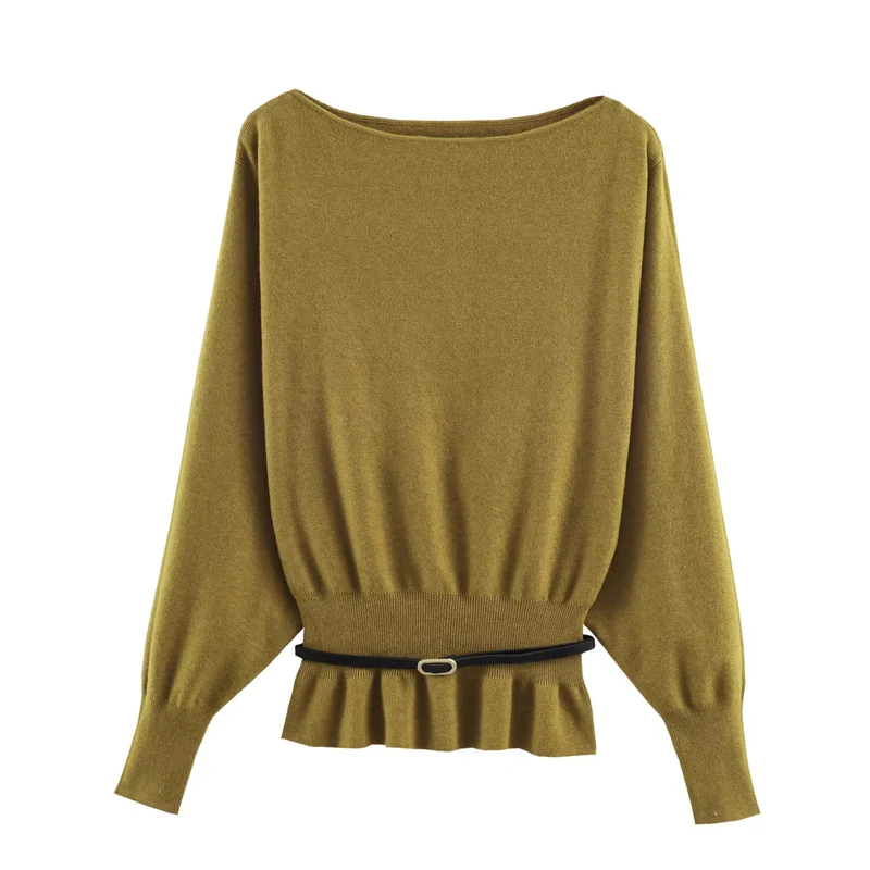 Damen Oversize-Strickpullover mit U-Boot-Ausschnitt, Fledermausärmeln, gerafftem Rippbund und Taillengürtel Nord Taschen