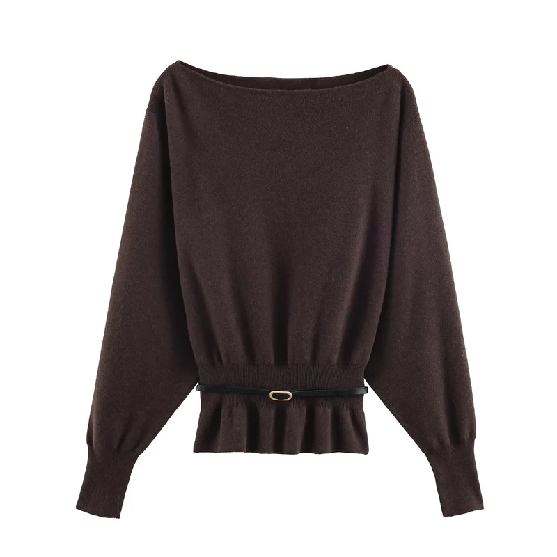 Damen Oversize-Strickpullover mit U-Boot-Ausschnitt, Fledermausärmeln, gerafftem Rippbund und Taillengürtel Nord Taschen