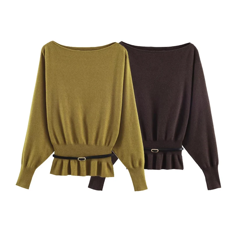 Damen Oversize-Strickpullover mit U-Boot-Ausschnitt, Fledermausärmeln, gerafftem Rippbund und Taillengürtel Nord Taschen