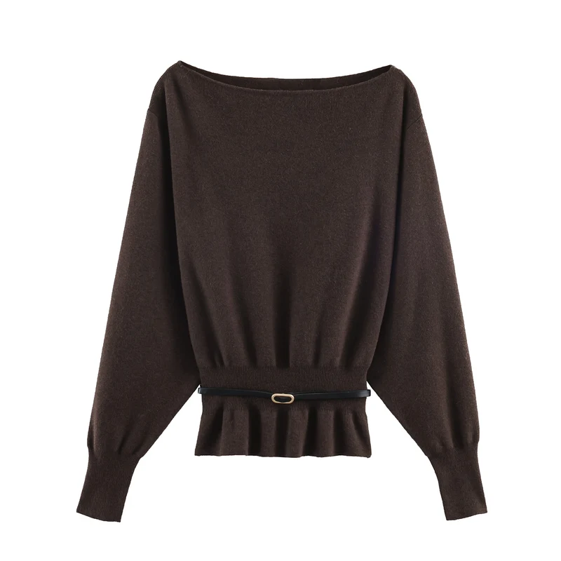 Damen Oversize-Strickpullover mit U-Boot-Ausschnitt, Fledermausärmeln, gerafftem Rippbund und Taillengürtel Nord Taschen