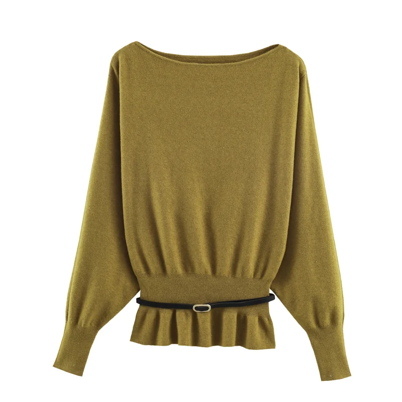 Damen Oversize-Strickpullover mit U-Boot-Ausschnitt, Fledermausärmeln, gerafftem Rippbund und Taillengürtel Nord Taschen