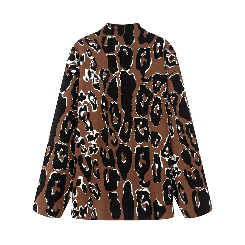 Damen Oversize-Strickpullover mit Stehkragen und Jacquard-Leopardenmuster Nord Taschen