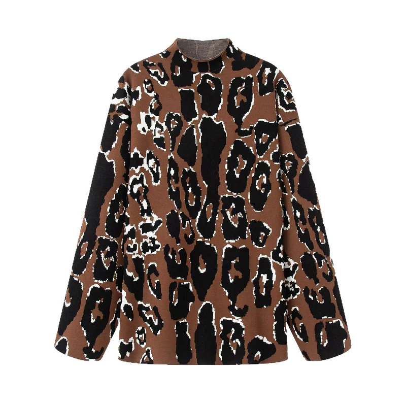 Damen Oversize-Strickpullover mit Stehkragen und Jacquard-Leopardenmuster Nord Taschen