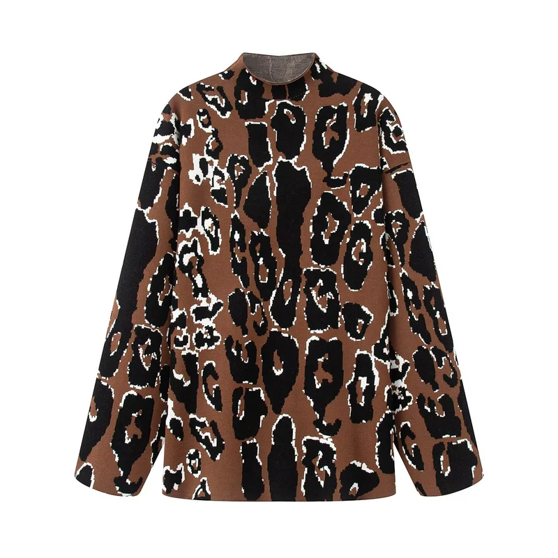 Damen Oversize-Strickpullover mit Stehkragen und Jacquard-Leopardenmuster Nord Taschen