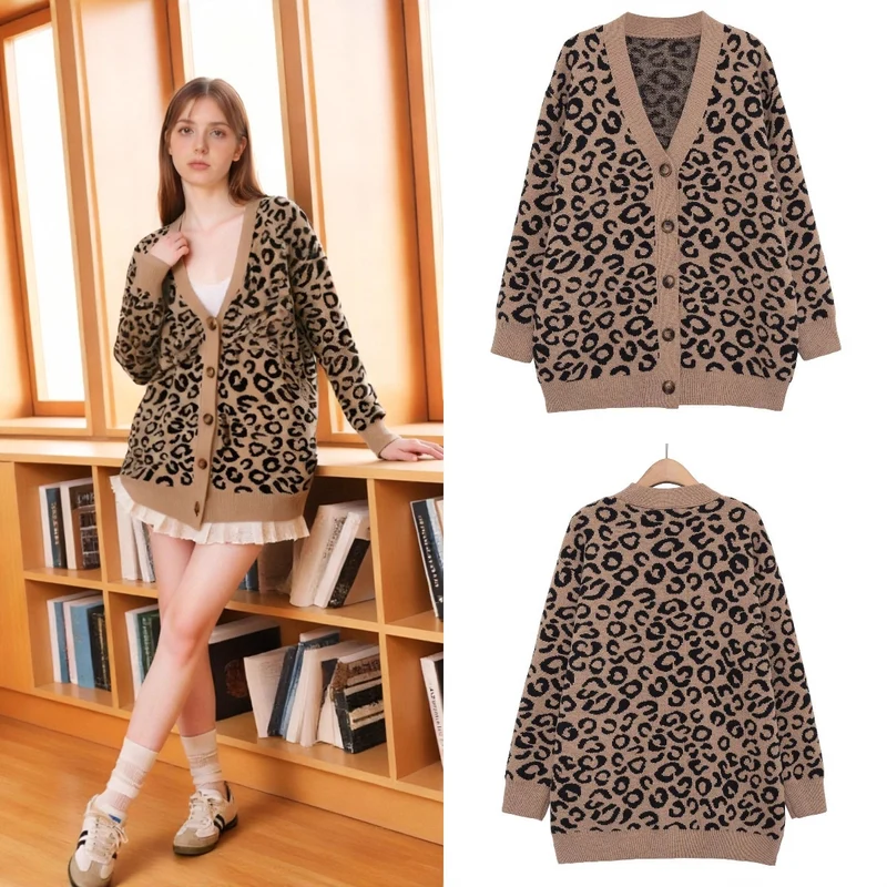 Damen Oversize-Strickcardigan mit Leoprint, V‑Ausschnitt und Knopfleiste Nord Taschen