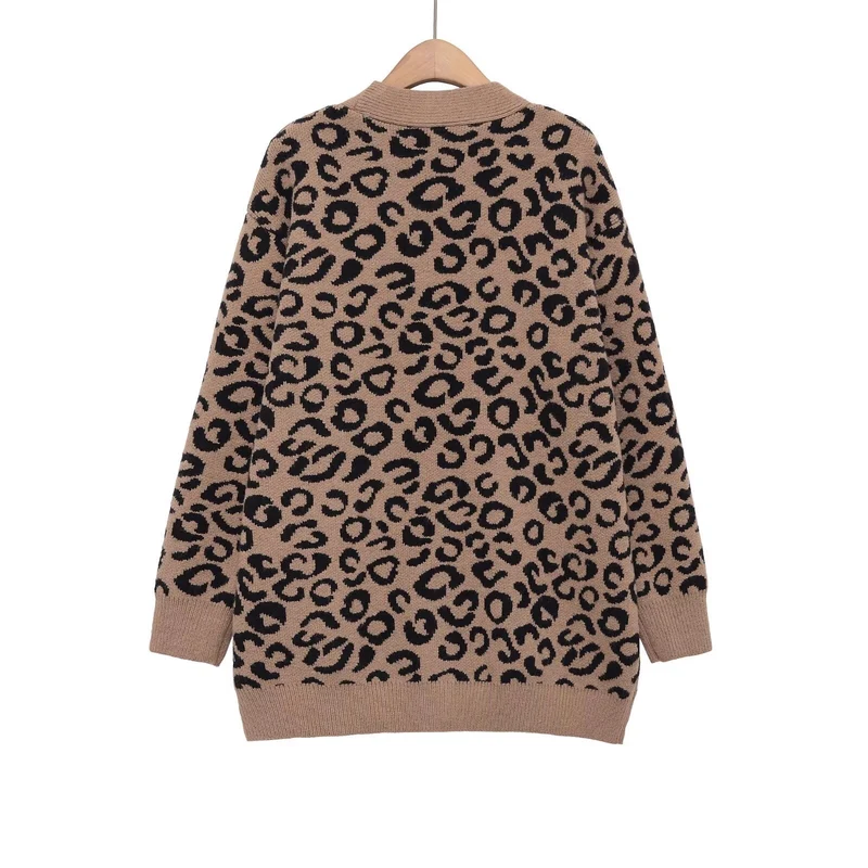 Damen Oversize-Strickcardigan mit Leoprint, V‑Ausschnitt und Knopfleiste Nord Taschen