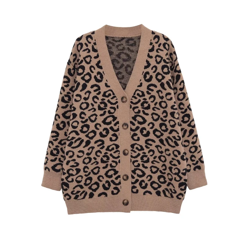 Damen Oversize-Strickcardigan mit Leoprint, V‑Ausschnitt und Knopfleiste Nord Taschen
