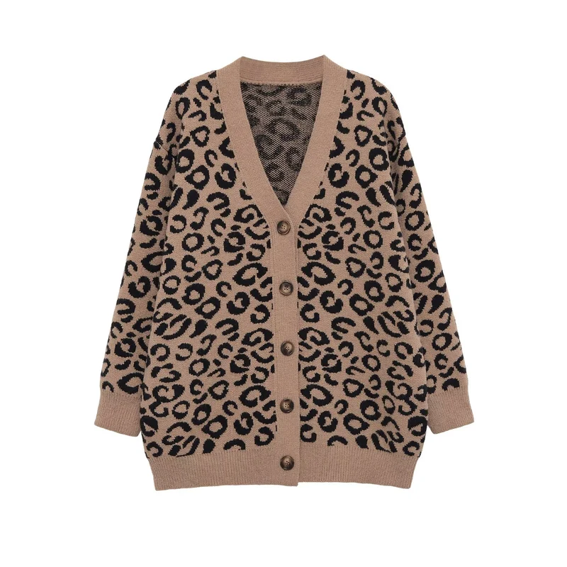 Damen Oversize-Strickcardigan mit Leoprint, V‑Ausschnitt und Knopfleiste Nord Taschen