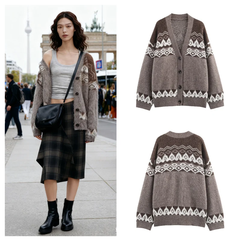 Damen Oversize-Strickcardigan mit Jacquard‑Muster und V‑Ausschnitt Nord Taschen