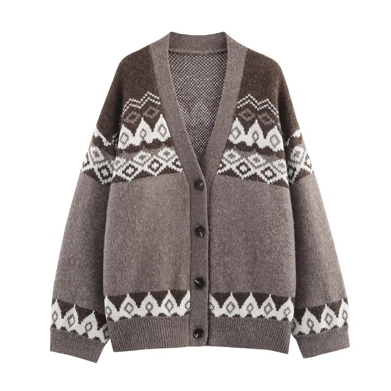 Damen Oversize-Strickcardigan mit Jacquard‑Muster und V‑Ausschnitt Nord Taschen