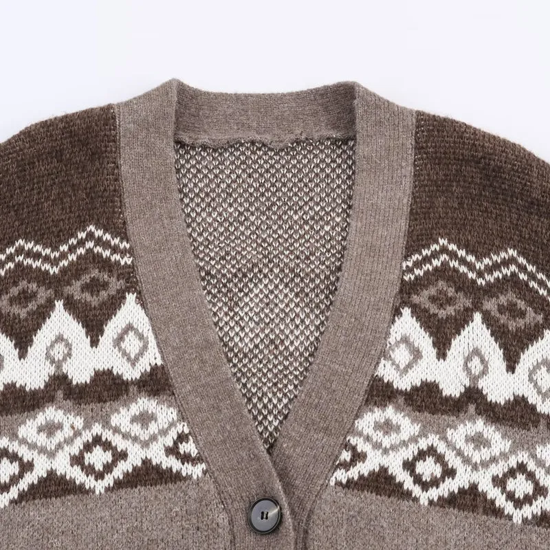 Damen Oversize-Strickcardigan mit Jacquard‑Muster und V‑Ausschnitt Nord Taschen