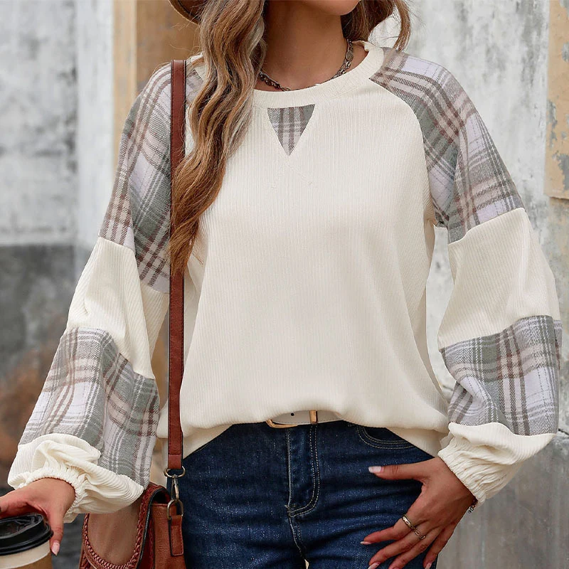 Damen Oversize-Longsleeve mit karierten Chiffon-Raglanärmeln und gerafften Manschetten Nord Taschen