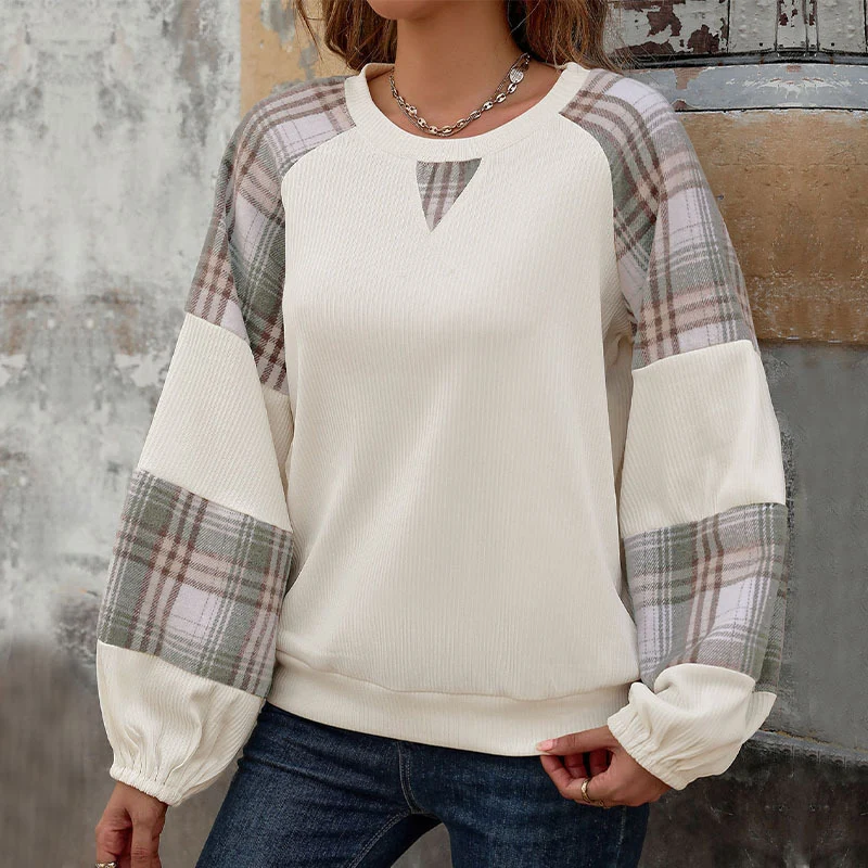 Damen Oversize-Longsleeve mit karierten Chiffon-Raglanärmeln und gerafften Manschetten Nord Taschen