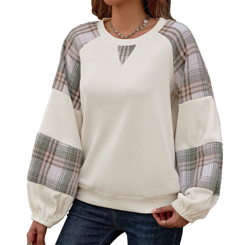 Damen Oversize-Longsleeve mit karierten Chiffon-Raglanärmeln und gerafften Manschetten Nord Taschen