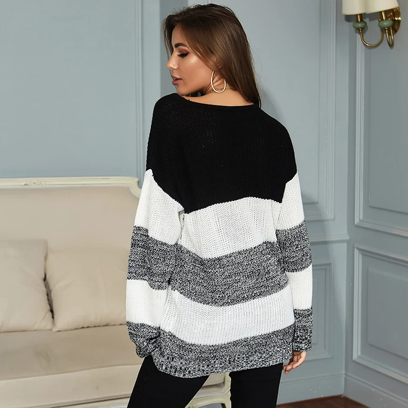 Damen Oversize Longpullover mit Blockstreifen und Rundhalsausschnitt Nord Taschen