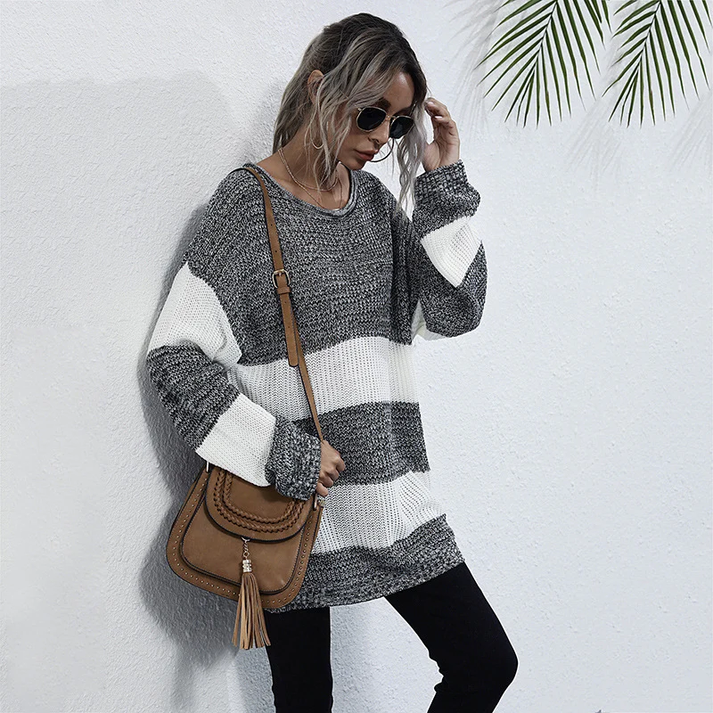 Damen Oversize Longpullover mit Blockstreifen und Rundhalsausschnitt Nord Taschen