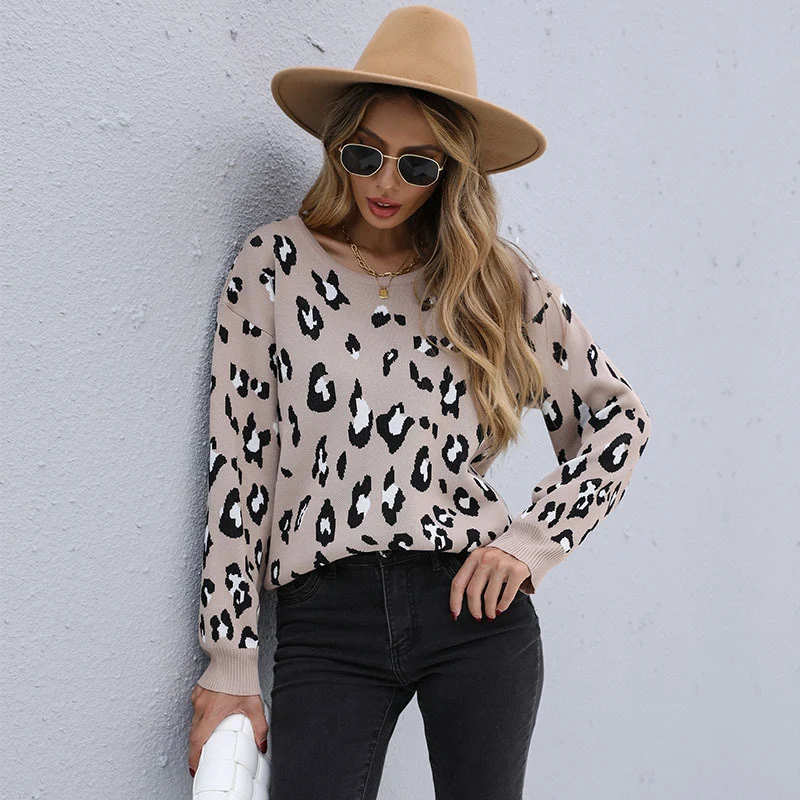 Damen Oversize-Leo-Strickpullover mit Rundhals und überschnittener Schulter Nord Taschen
