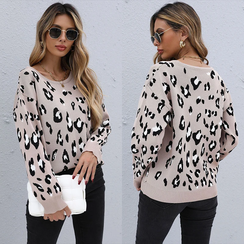 Damen Oversize-Leo-Strickpullover mit Rundhals und überschnittener Schulter Nord Taschen