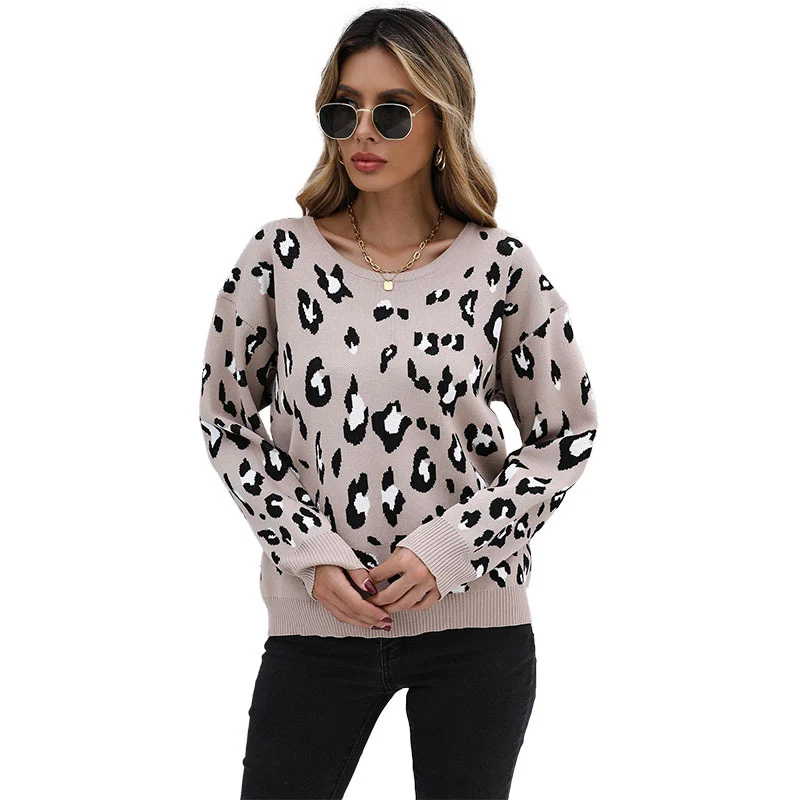 Damen Oversize-Leo-Strickpullover mit Rundhals und überschnittener Schulter Nord Taschen