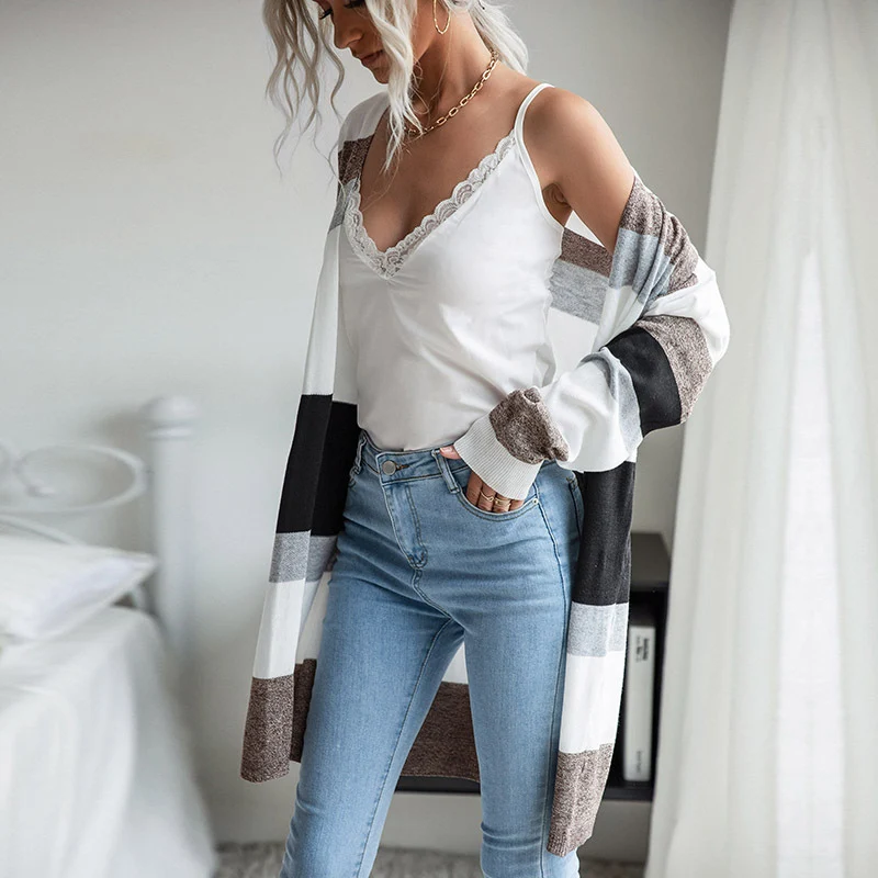 Damen Oversize Langer Strickcardigan mit Blockstreifen und offener Front Nord Taschen